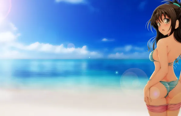 Kawaii, game, bra, beach, shorts, sky, sea, brown hair
