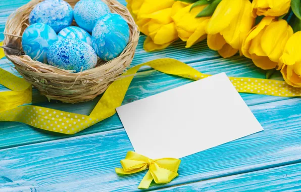 Flowers, eggs, bouquet, yellow, colorful, Easter, tulips, happy