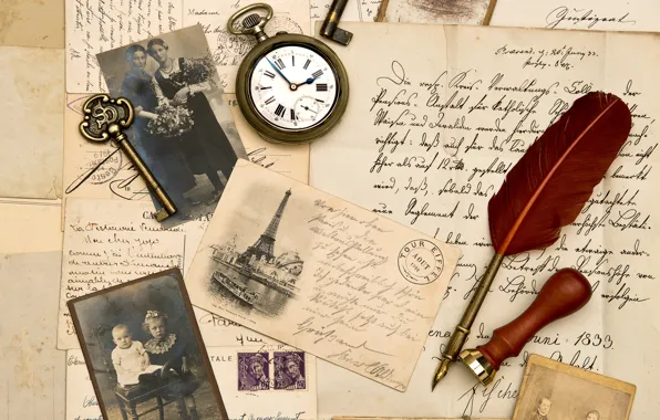 Pen, watch, key, Sepia, photos, vintage, vintage, old paper