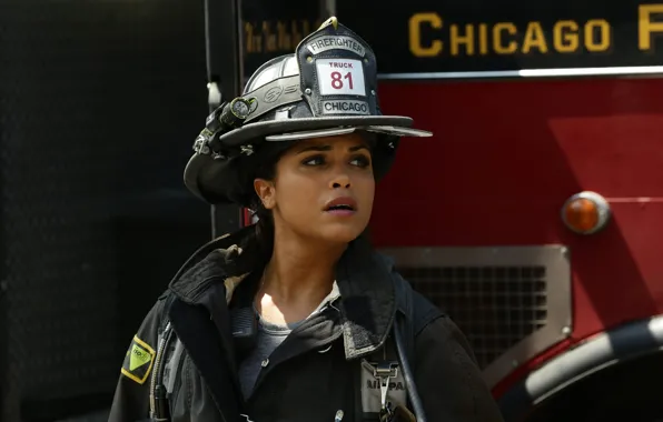 Look, pose, brunette, helmet, the series, fire truck, Monica Raymund, Monica Raymund