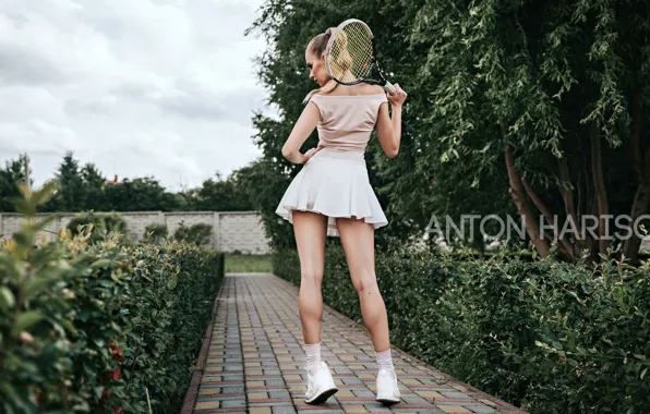 Picture trees, sexy, pose, model, skirt, makeup, garden, Mike