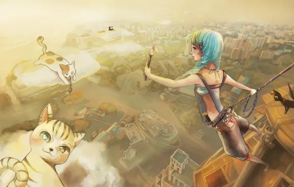 Picture cat, girl, joy, the city, mood, paint, height, art