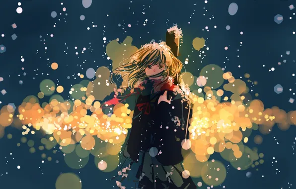 Girl, snow, lights, background, guitar, art, ruru, tsuitta