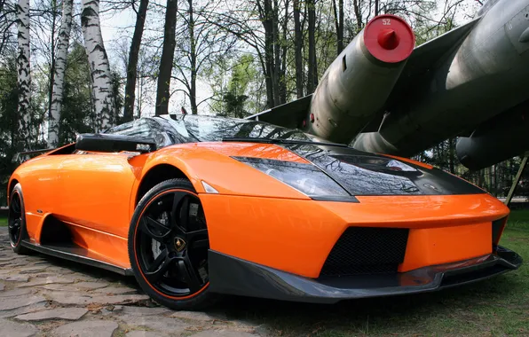 Trees, the plane, tuning, lamborghini, drives, front view, murcielago roadster, front spoiler