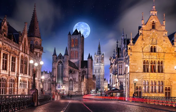 Road, night, the city, the moon, street, building, lights, Cathedral