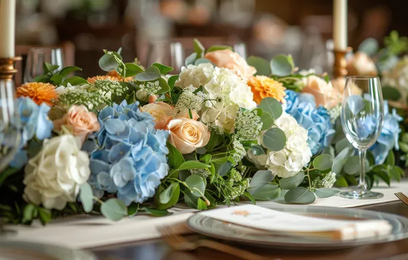 Leaves, flowers, table, holiday, roses, candles, glasses, blue