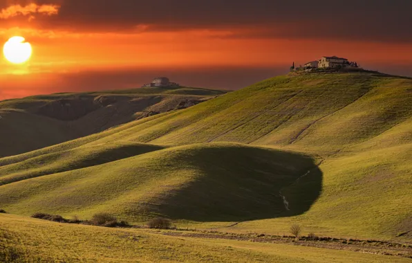 Sunset, hills, Italy, Tuscany