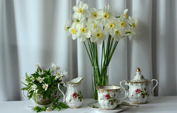 Flowers, background, fabric, white, daffodils, tea set