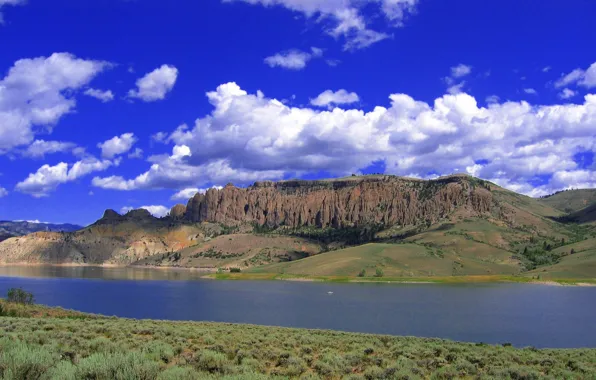 Picture the sky, grass, clouds, lake, river, boat, mountain, plateau