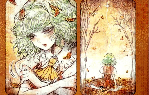Sadness, face, loneliness, bow, falling leaves, touhou, autumn leaves, white blouse