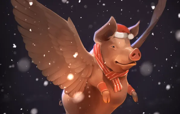 Snow, new year, wings, pig, by GaudiBuendia