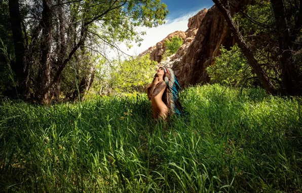 Grass, girl, nature, pose, feathers, figure, tattoo, roach