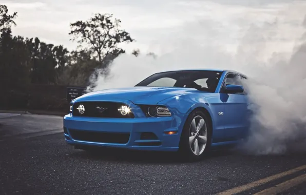 Mustang, Ford, Blue, 5.0, Smoke, Muscle Car