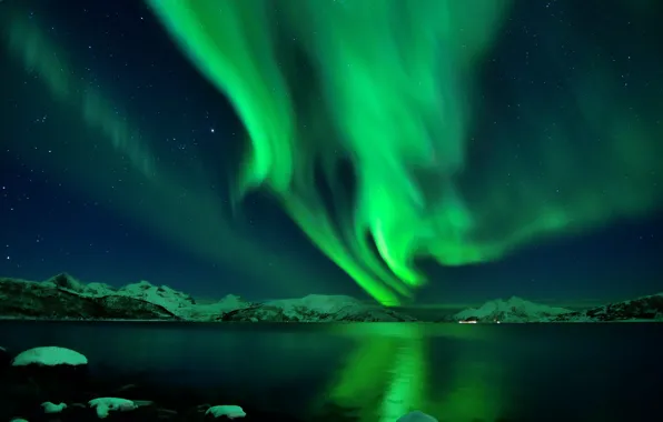 Stars, snow, night, Northern lights, Iceland
