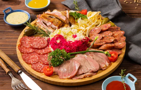 Meat, tomatoes, cabbage, sausage, cucumbers, cuts, sauces