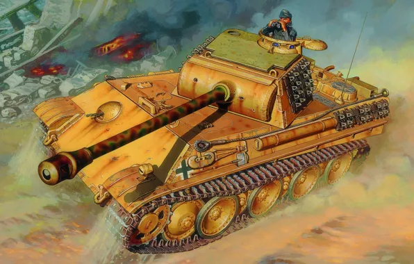Picture war, art, painting, tank, ww2, Pz.Kpfw. V Panther Ausf. G