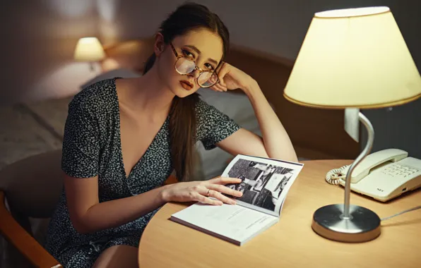 Picture look, girl, pose, mood, lamp, glasses, book, phone