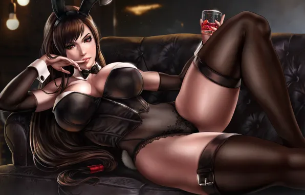 Lingerie, boobs, games, final fantasy, stockings, tifa lockhart, brunette, couch