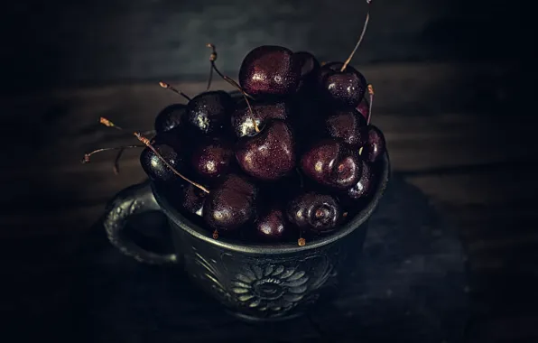 Picture drops, cherry, the dark background, Board, mug, Cup, still life, cherry
