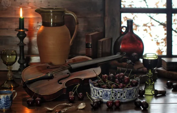 Picture cherry, berries, violin, books, bottle, candle, glasses, pitcher
