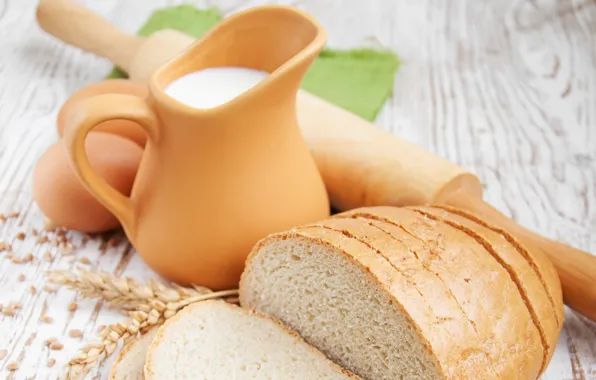 Picture eggs, milk, bread, pitcher, rolling pin