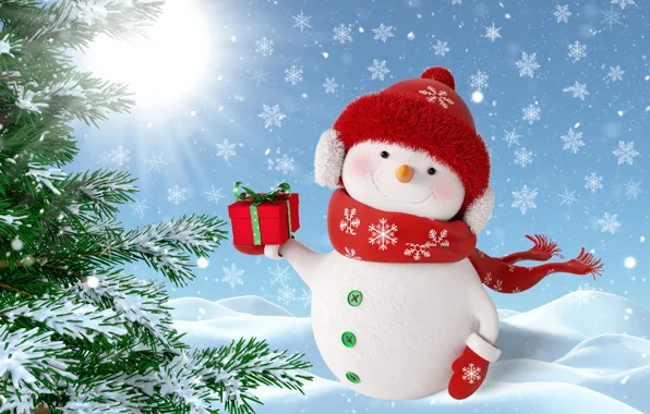 Winter, snow, snowflakes, New Year, Christmas, snowman, happy, Christmas