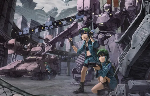 The city, weapons, girls, robot, art, helicopter, tank, fur