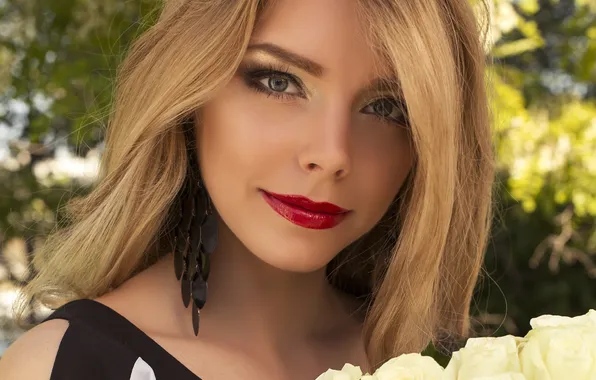Look, girl, flowers, eyelashes, hair, bouquet, makeup, beautiful