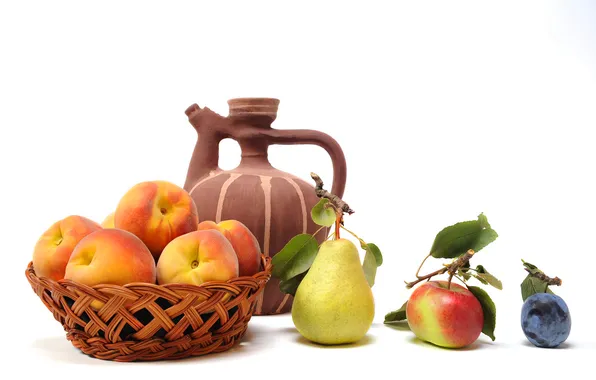 Basket, Apple, pear, pitcher, fruit, peaches, drain