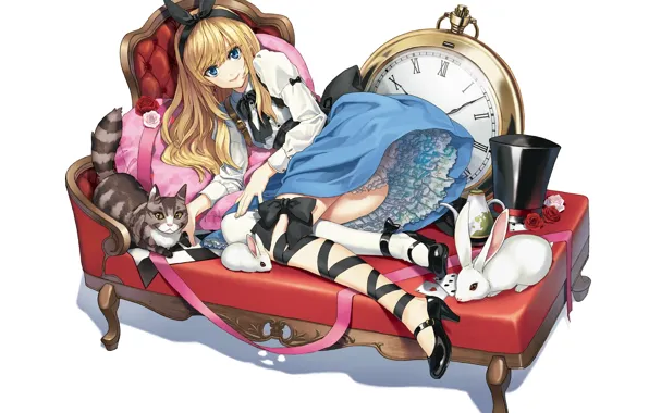 Alice in Wonderland, Alice, lying on the sofa, cylinder hat, tabby cat, white rabbit, pocket …