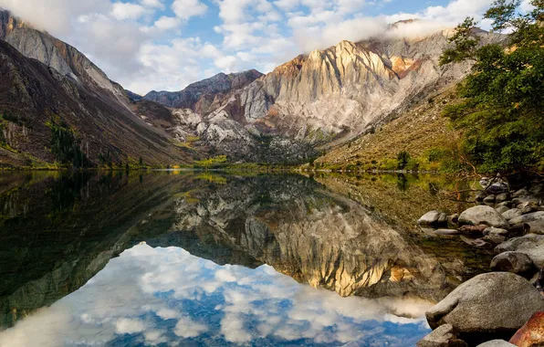 The sky, clouds, mountains, reflection, blue, stones, shore, the slopes