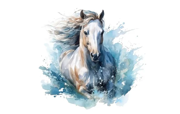Wave, white, water, horse, horse, watercolor, white background, painting