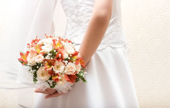 Flowers, bouquet, dress, the bride, veil, lacing