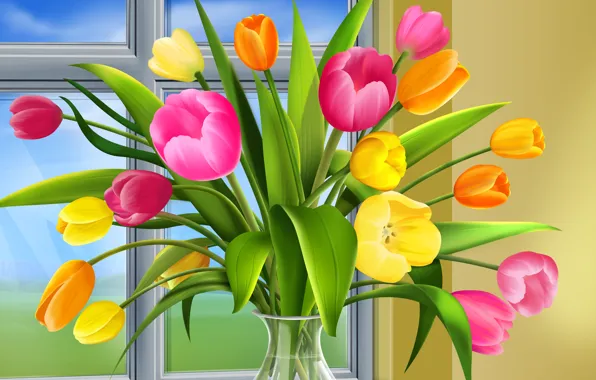 Picture window, tulips, vase
