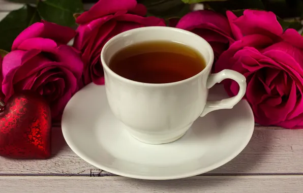 Tea, roses, love, heart, romantic, roses, valentine`s day