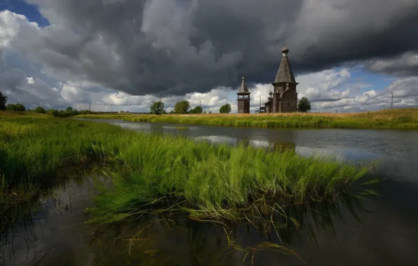Grass, Russia, pond, wooden architecture