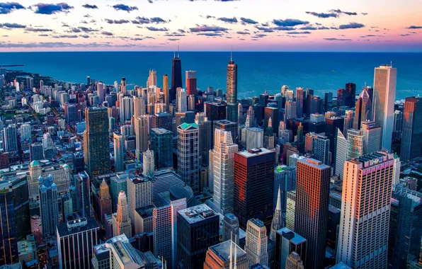 The sky, clouds, the city, lake, dawn, coast, home, skyscrapers