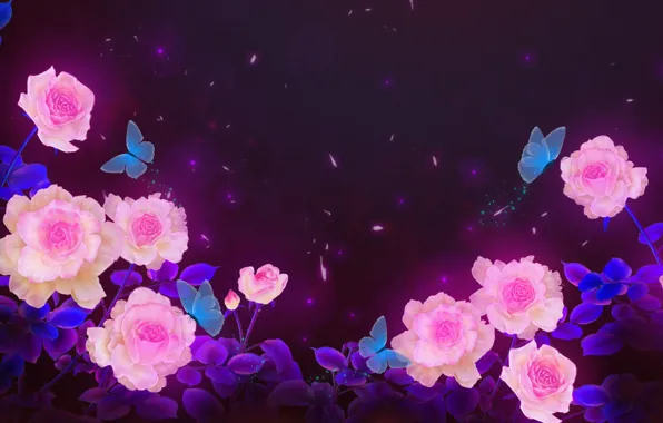 Flowers, Rose, Butterfly, Light, Butterfly, Plants, Roses, Art