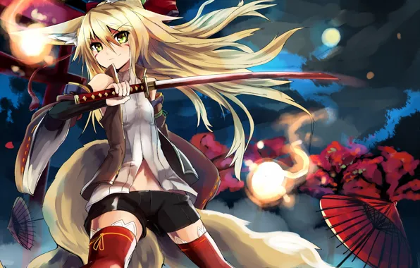 Look, night, smile, weapons, katana, umbrella, Sakura, tail