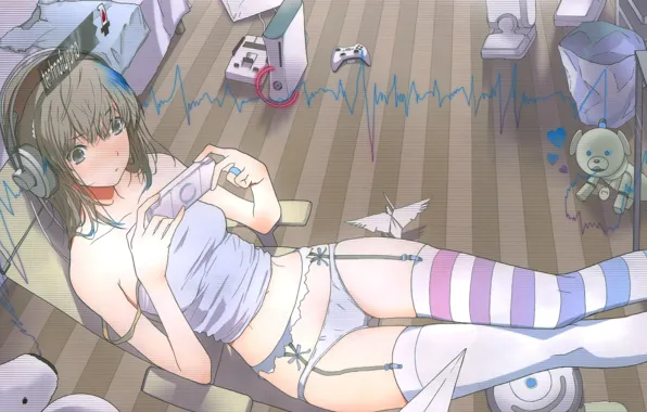 Picture toys, headphones, girl, in the room, art, cardiogram, sitting on the floor, video games