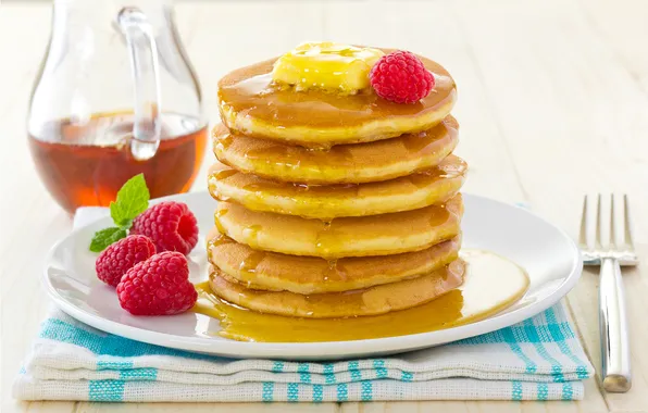 Picture berries, raspberry, plate, pitcher, plug, honey, pancakes