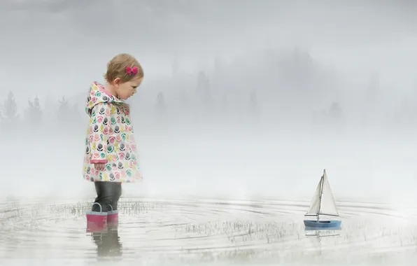 Picture girl, boat, Misty Waters
