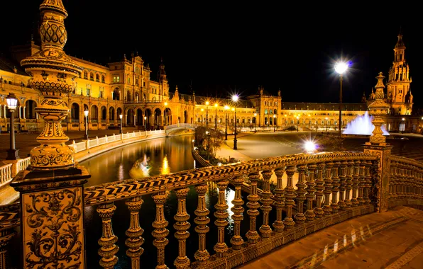 Night, lights, Spain, Seville, Espana