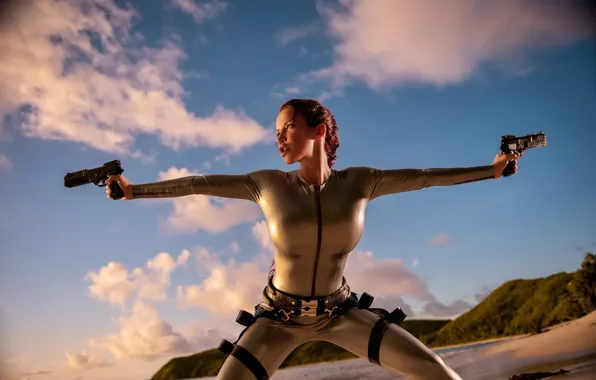 Tomb Raider, girl, gun, pistol, fantasy, Bianca Beauchamp, beach, red hair