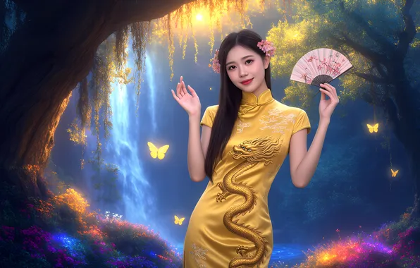 Girl, butterfly, flowers, nature, magic, waterfall, fan, Chinese