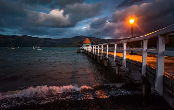 Sea, rays, light, landscape, mountains, clouds, storm, nature