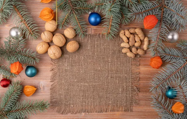 Balls, branches, Board, Christmas, New year, nuts, needles, burlap