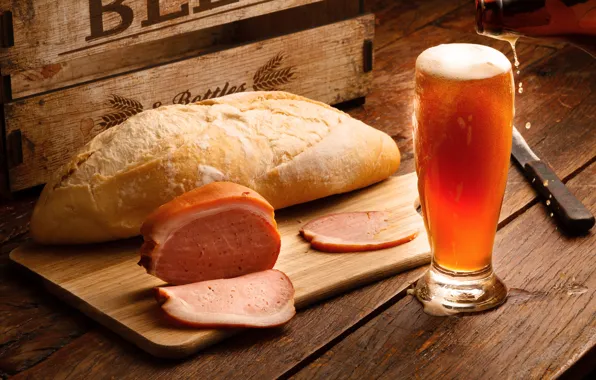 Glass, beer, bread, salmon, ham, baton