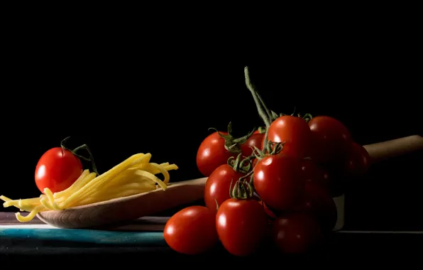 Table, spoon, red, black background, still life, tomatoes, on the branch, tomatoes