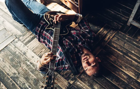 Guitar, jeans, shirt, guy, on the floor, Rome Rome